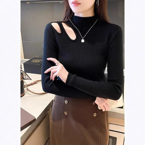 Semi - turtleneck hollow knitted bottoming shirt women's autumn and winter new sexy tight - fitting clothes high - end top - Negative Apparel