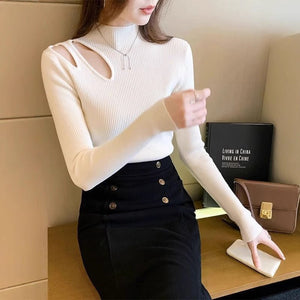 Semi - turtleneck hollow knitted bottoming shirt women's autumn and winter new sexy tight - fitting clothes high - end top - Negative Apparel