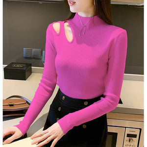 Semi - turtleneck hollow knitted bottoming shirt women's autumn and winter new sexy tight - fitting clothes high - end top - Negative Apparel