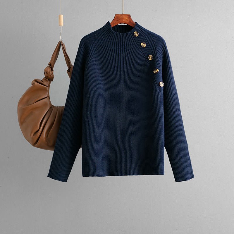 Semi - turtleneck solid color button design bottoming shirt top - Negative Apparel