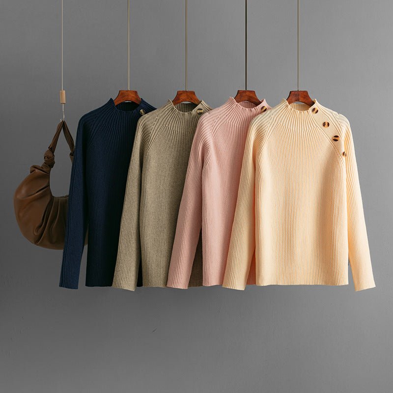 Semi - turtleneck solid color button design bottoming shirt top - Negative Apparel