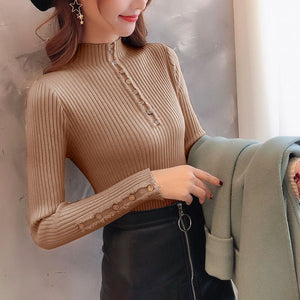 Semi - turtleneck sweater women's long - sleeved inner bottoming shirt autumn 2022 new pullover middle collar slim - fit button - up knitted sweater - Negative Apparel