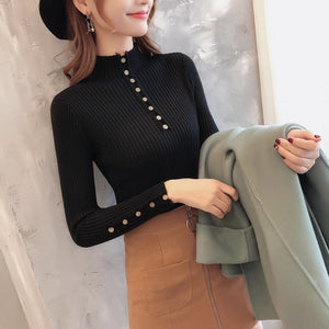 Semi - turtleneck sweater women's long - sleeved inner bottoming shirt autumn 2022 new pullover middle collar slim - fit button - up knitted sweater - Negative Apparel