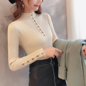 Semi - turtleneck sweater women's long - sleeved inner bottoming shirt autumn 2022 new pullover middle collar slim - fit button - up knitted sweater - Negative Apparel