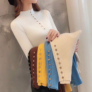 Semi - turtleneck sweater women's long - sleeved inner bottoming shirt autumn 2022 new pullover middle collar slim - fit button - up knitted sweater - Negative Apparel