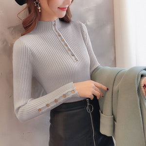 Semi - turtleneck sweater women's long - sleeved inner bottoming shirt autumn 2022 new pullover middle collar slim - fit button - up knitted sweater - Negative Apparel