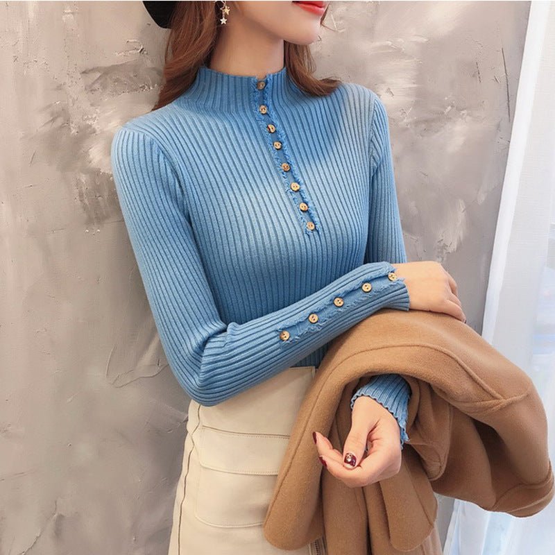 Semi - turtleneck sweater women's long - sleeved inner bottoming shirt autumn 2022 new pullover middle collar slim - fit button - up knitted sweater - Negative Apparel