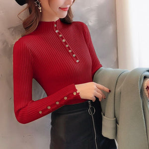 Semi - turtleneck sweater women's long - sleeved inner bottoming shirt autumn 2022 new pullover middle collar slim - fit button - up knitted sweater - Negative Apparel