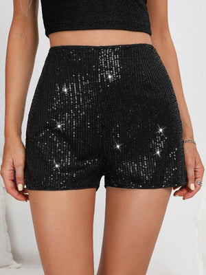 Sequin Slim Hot Shorts Solid Black Mid - Waist Sexy Straight Shorts - Negative Apparel