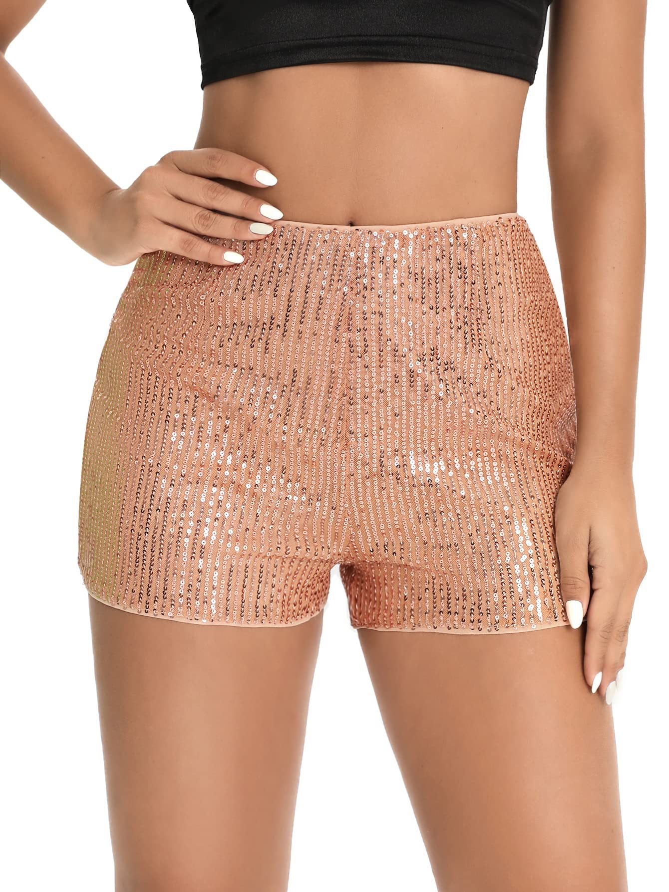 sequin solid mid - waist sexy straight shorts - Negative Apparel