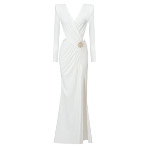 Serene Siren | V - Neck Long Sleeve Pleated Cross Maxi Dress - Negative Apparel