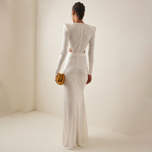 Serene Siren | V - Neck Long Sleeve Pleated Cross Maxi Dress - Negative Apparel