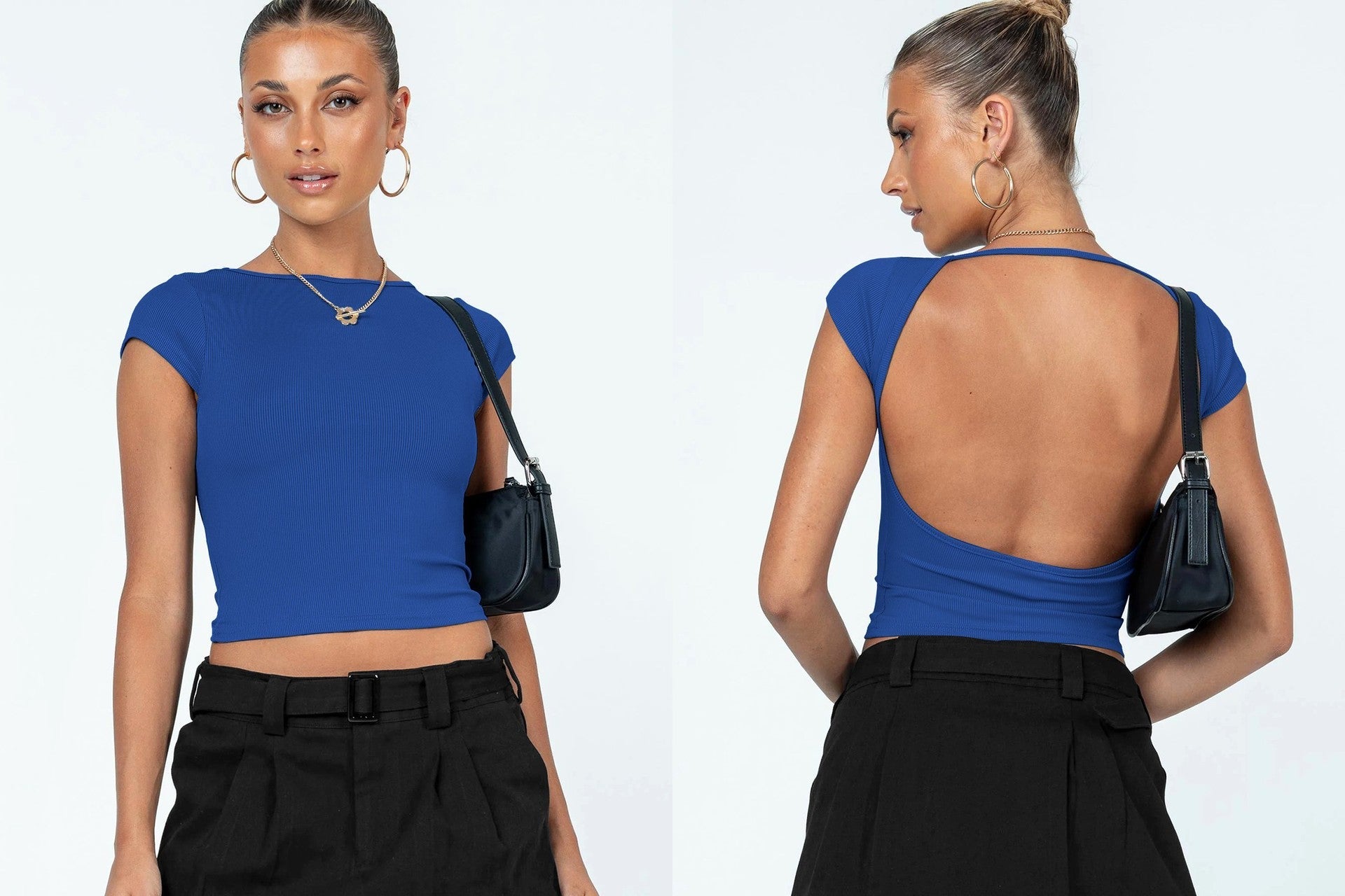 Sexy Backless Slim Fit Short Sleeve Top for Women – Seamless Nylon & Spandex, Streetwear Round Neck Summer Tee - Negative Apparel
