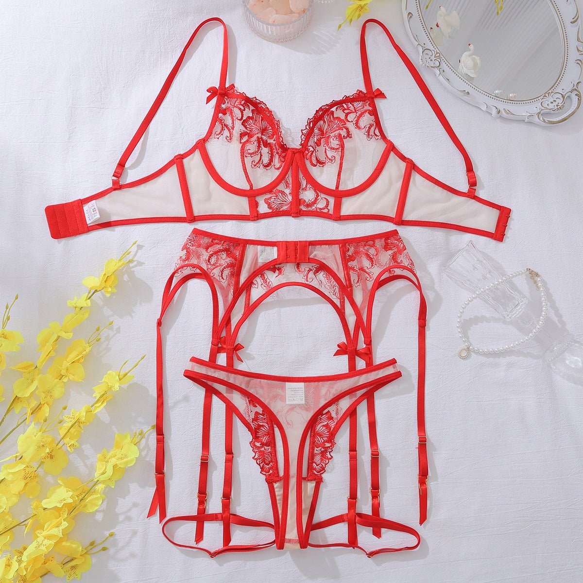 Sexy flower lace perspective hollow body sculpting sexy underwear split four - piece - Negative Apparel