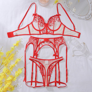 Sexy flower lace perspective hollow body sculpting sexy underwear split four - piece - Negative Apparel