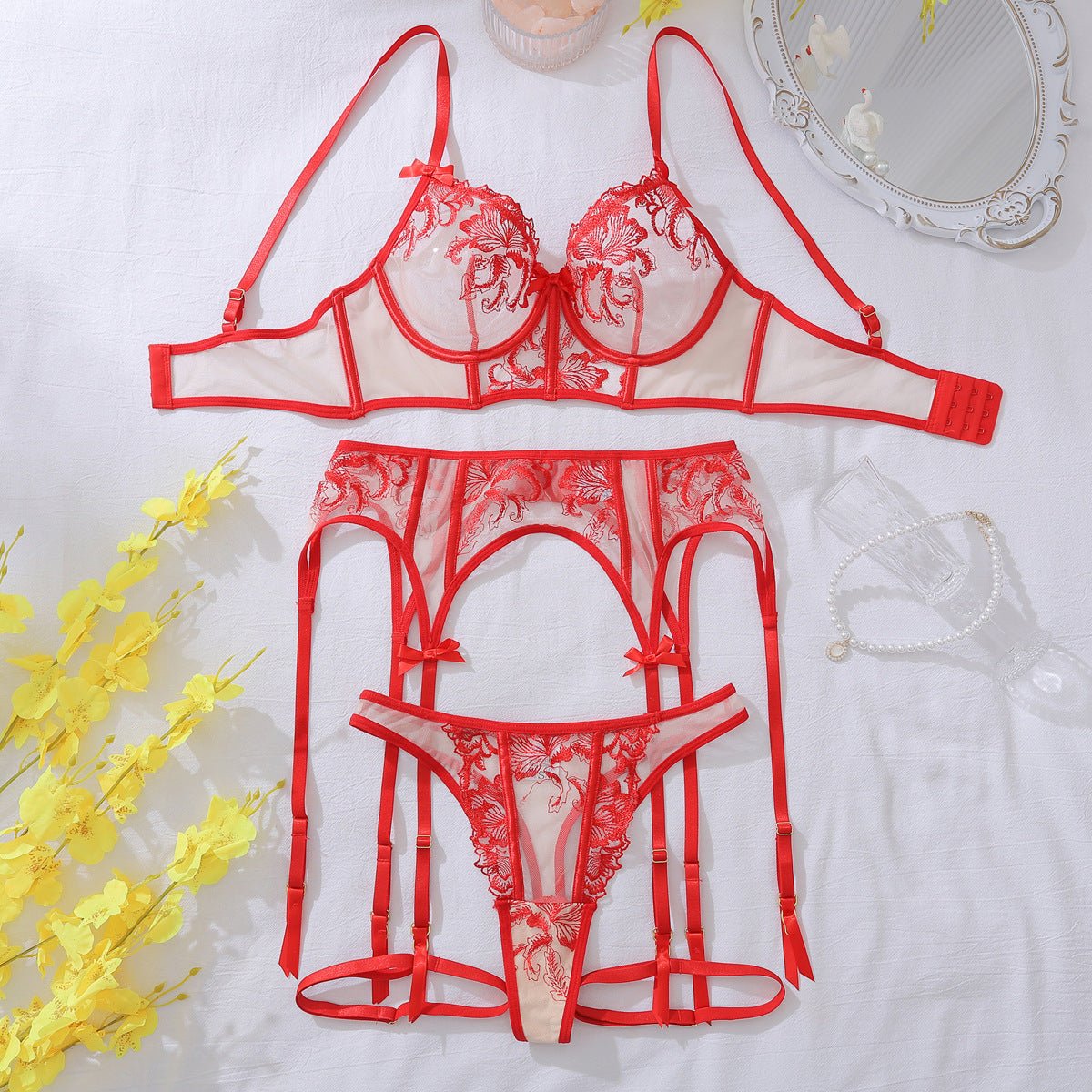 Sexy flower lace perspective hollow body sculpting sexy underwear split four - piece - Negative Apparel