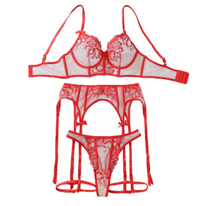 Sexy flower lace perspective hollow body sculpting sexy underwear split four - piece - Negative Apparel