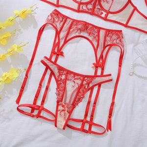 Sexy flower lace perspective hollow body sculpting sexy underwear split four - piece - Negative Apparel