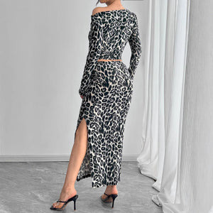 Sexy leopard print two - piece set with fit long dress set - Negative Apparel