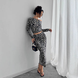 Sexy leopard print two - piece set with fit long dress set - Negative Apparel