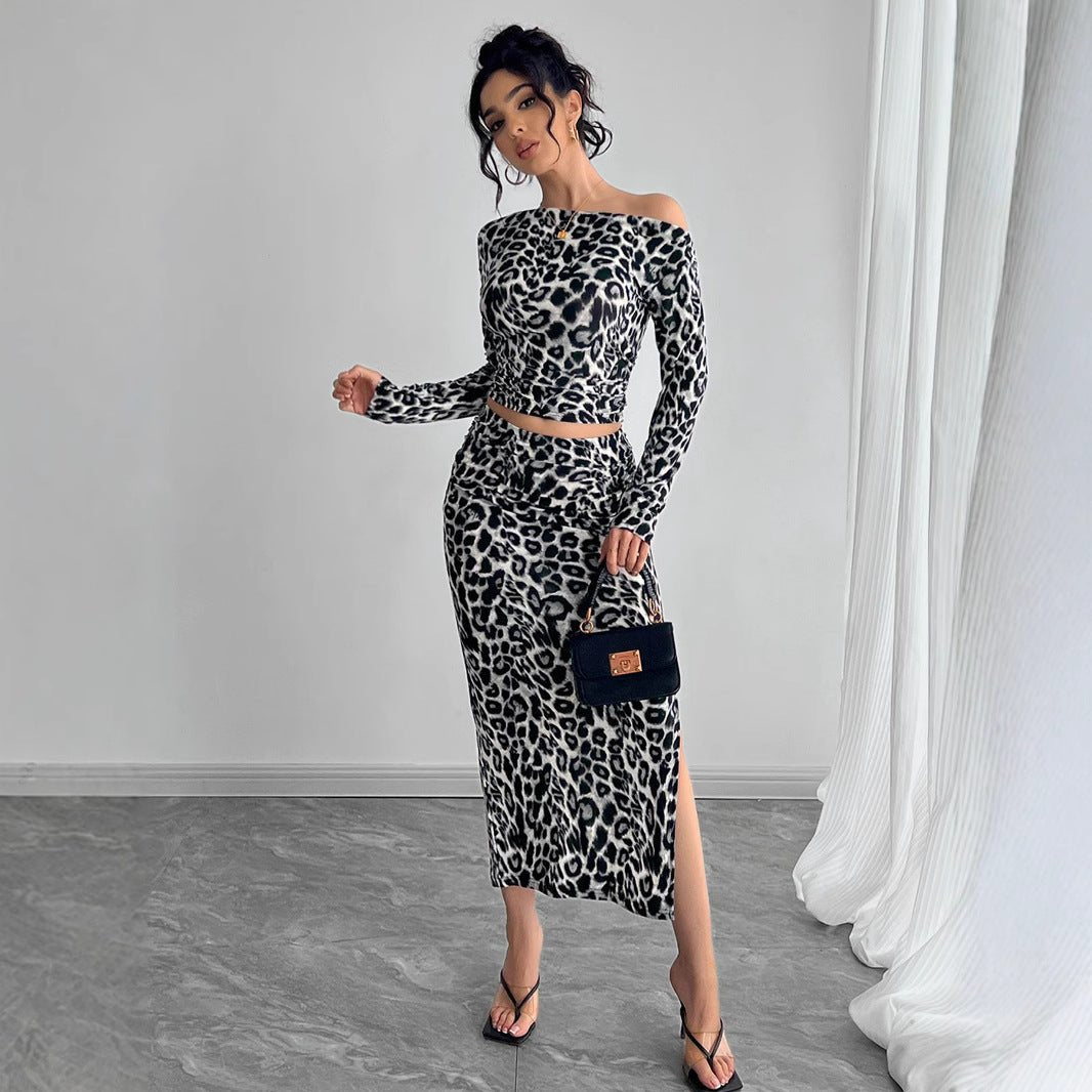 Sexy leopard print two - piece set with fit long dress set - Negative Apparel