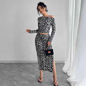 Sexy leopard print two - piece set with fit long dress set - Negative Apparel