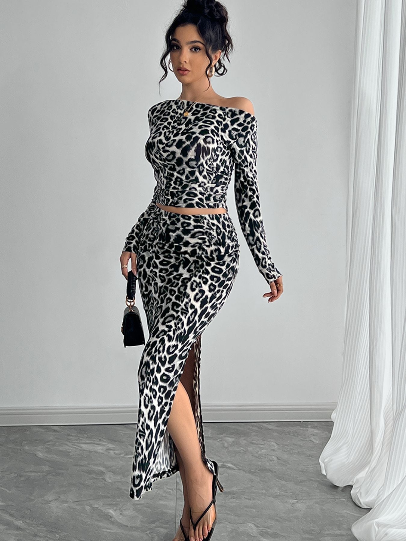 Sexy leopard print two - piece set with fit long dress set - Negative Apparel