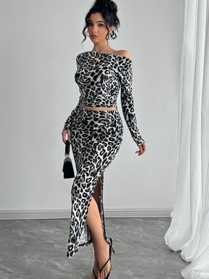 Sexy leopard print two - piece set with fit long dress set - Negative Apparel