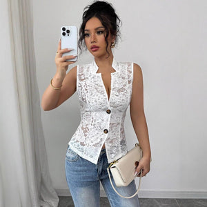 Sexy light and familiar hollow chest jacquard design perspective lapel tight lace cardigan - Negative Apparel
