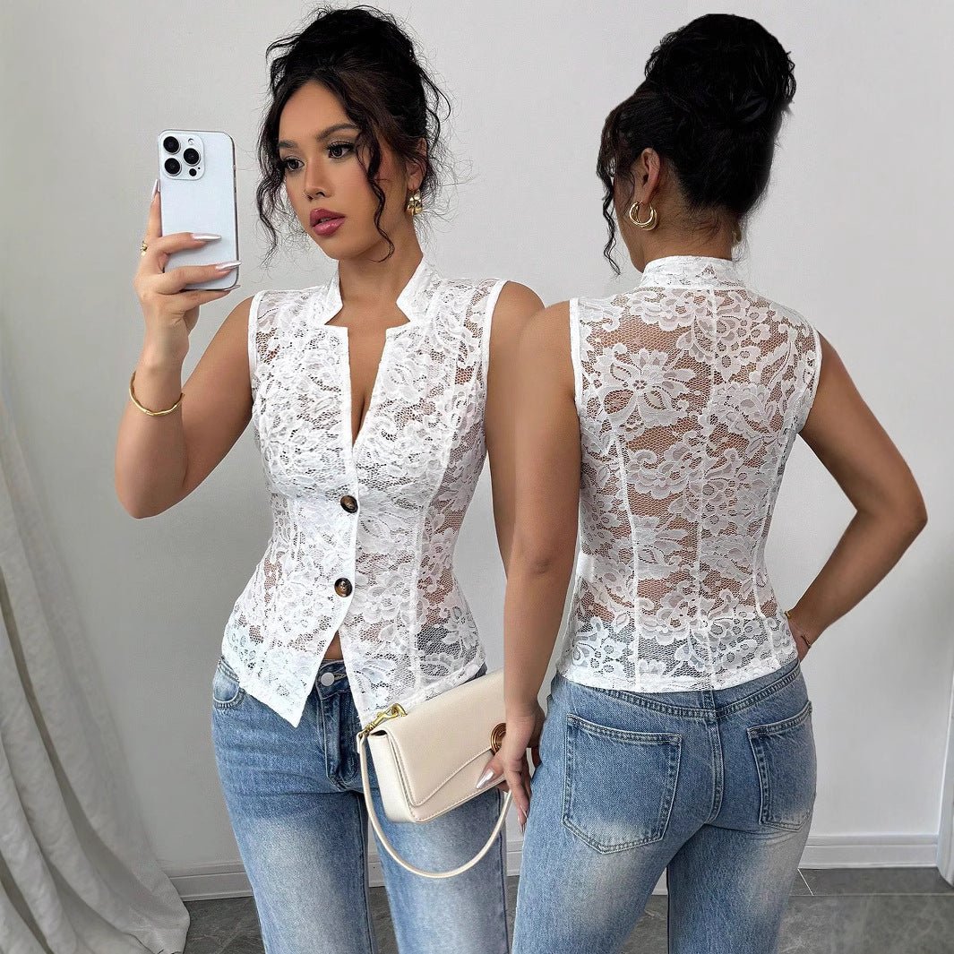 Sexy light and familiar hollow chest jacquard design perspective lapel tight lace cardigan - Negative Apparel