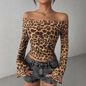 Sexy one - word shoulder long - sleeved T-shirt leopard print mesh top sexy babes - Negative Apparel