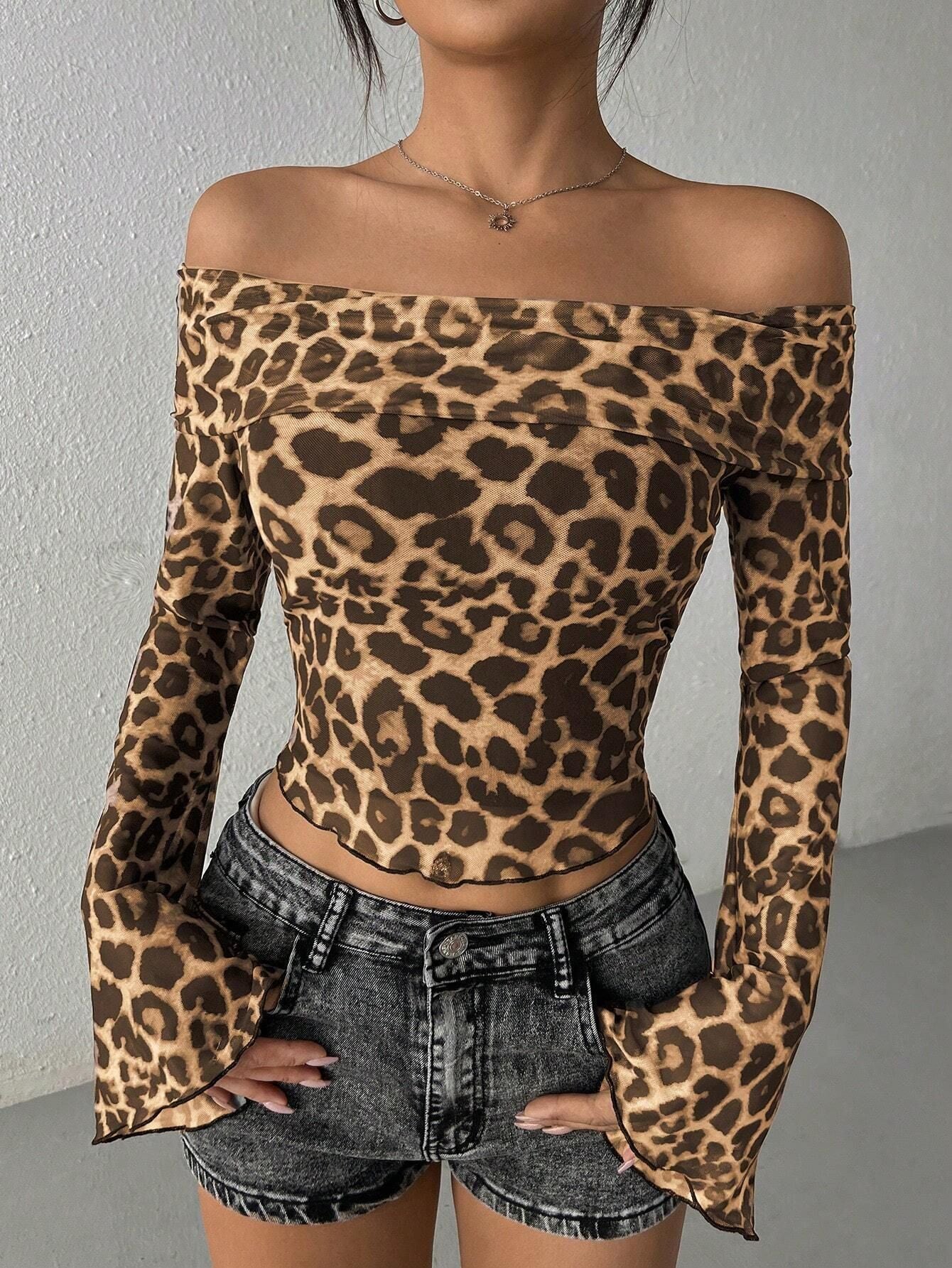 Sexy one - word shoulder long - sleeved T-shirt leopard print mesh top sexy babes - Negative Apparel