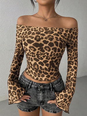 Sexy one - word shoulder long - sleeved T-shirt leopard print mesh top sexy babes - Negative Apparel