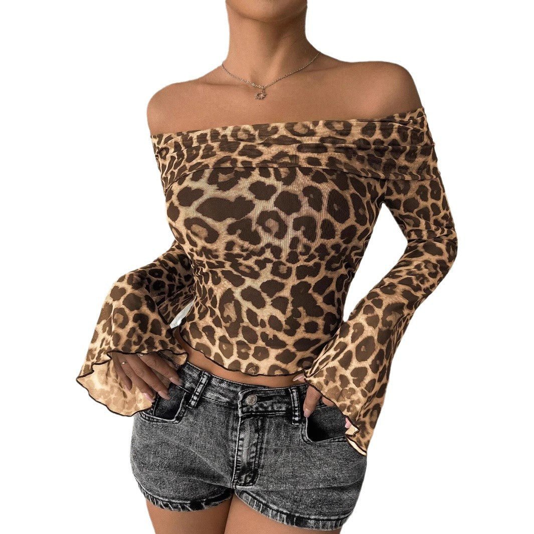 Sexy one - word shoulder long - sleeved T-shirt leopard print mesh top sexy babes - Negative Apparel