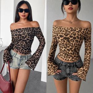 Sexy one - word shoulder long - sleeved T-shirt leopard print mesh top sexy babes - Negative Apparel