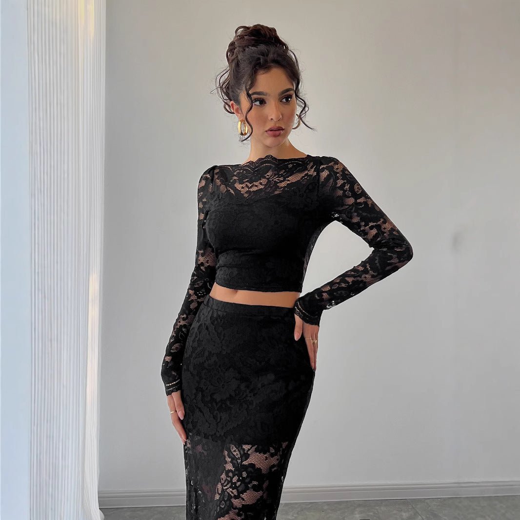 Sexy women's lace jacquard semi - transparent skirt set - Negative Apparel