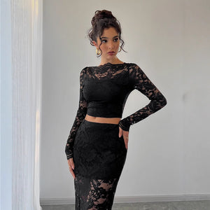 Sexy women's lace jacquard semi - transparent skirt set - Negative Apparel