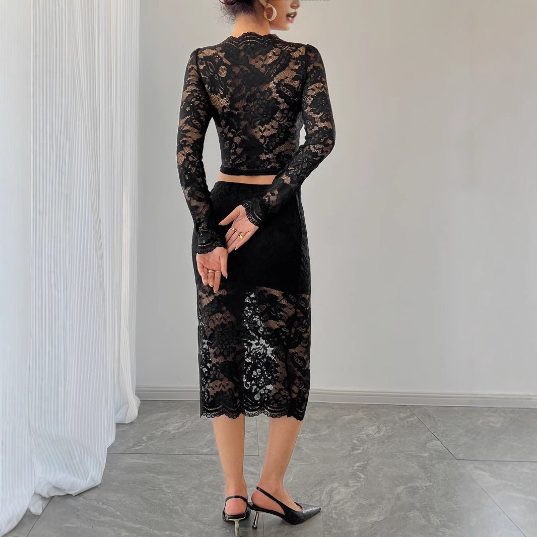 Sexy women's lace jacquard semi - transparent skirt set - Negative Apparel