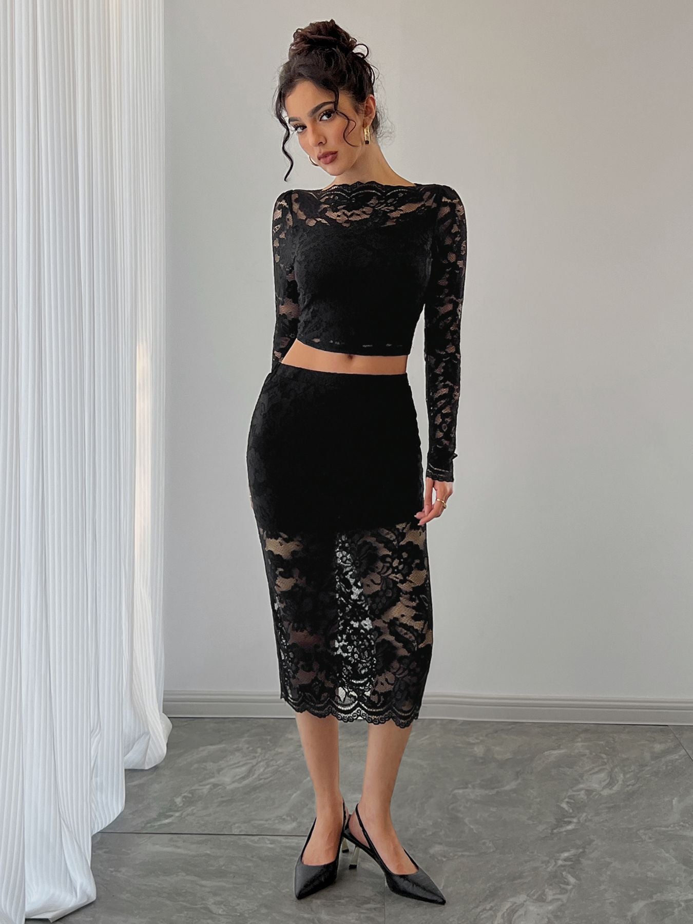 Sexy women's lace jacquard semi - transparent skirt set - Negative Apparel