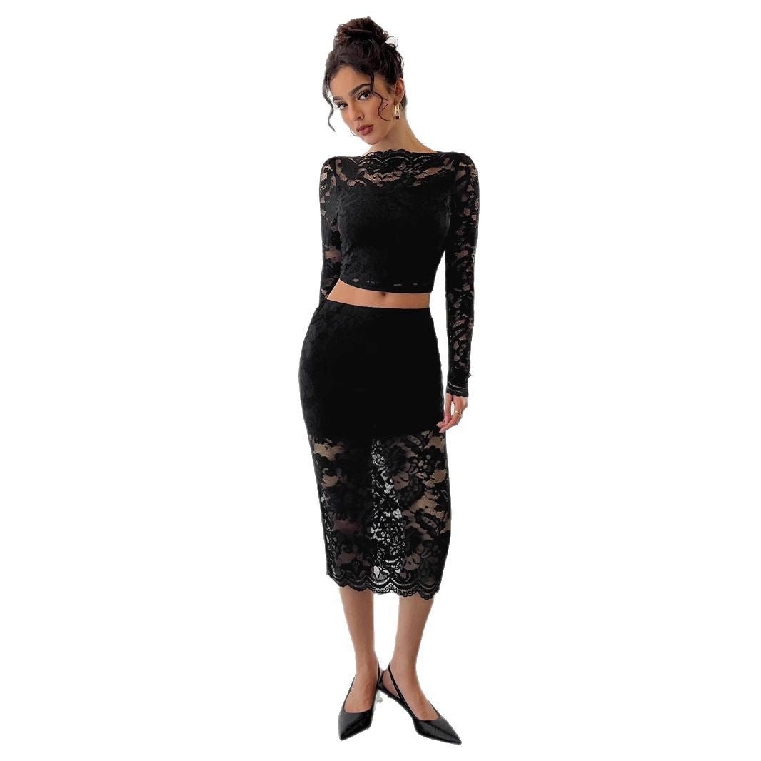 Sexy women's lace jacquard semi - transparent skirt set - Negative Apparel