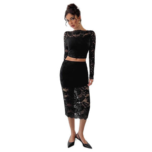 Sexy women's lace jacquard semi - transparent skirt set - Negative Apparel