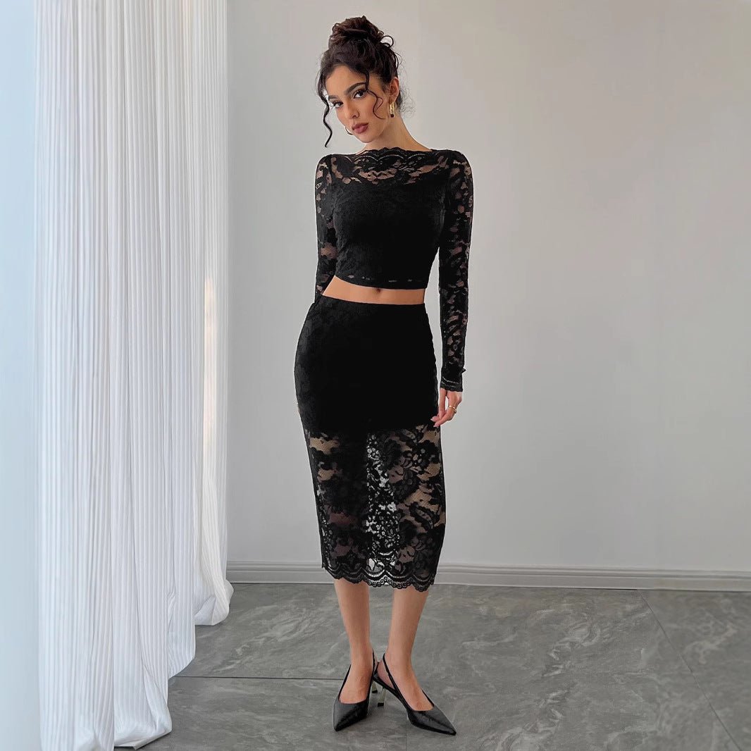 Sexy women's lace jacquard semi - transparent skirt set - Negative Apparel
