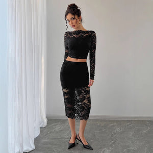 Sexy women's lace jacquard semi - transparent skirt set - Negative Apparel