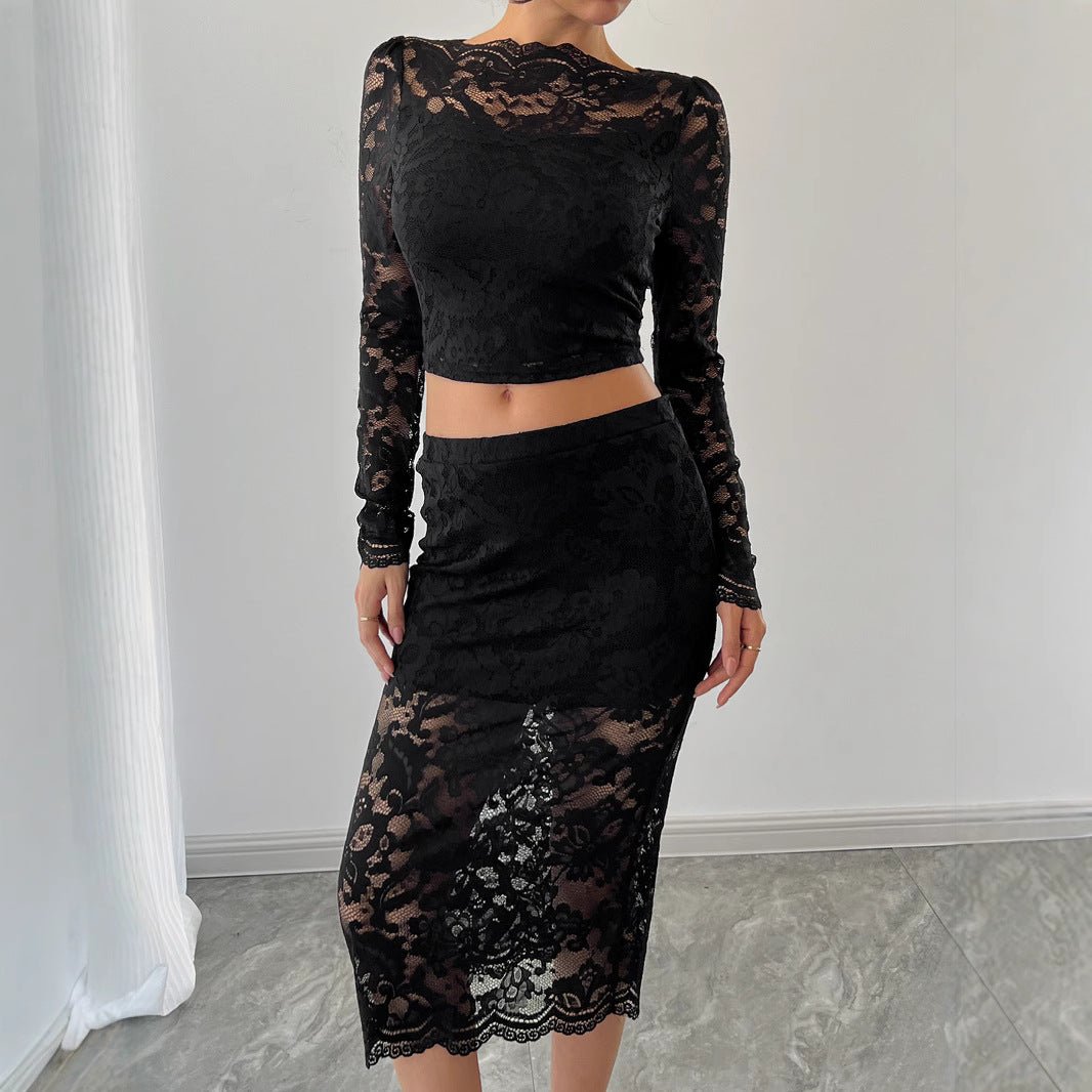 Sexy women's lace jacquard semi - transparent skirt set - Negative Apparel