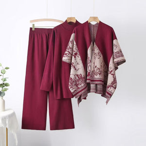 Shawl jacket spring and autumn sweater loose wide - leg pants three - piece fashion casual jacket knitted suit - Negative Apparel