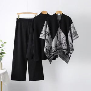 Shawl jacket spring and autumn sweater loose wide - leg pants three - piece fashion casual jacket knitted suit - Negative Apparel