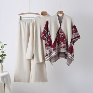 Shawl jacket spring and autumn sweater loose wide - leg pants three - piece fashion casual jacket knitted suit - Negative Apparel
