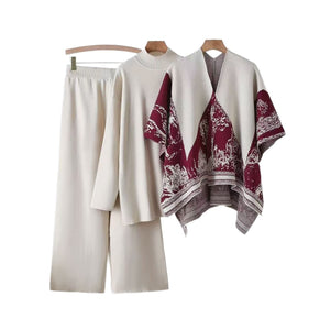 Shawl jacket spring and autumn sweater loose wide - leg pants three - piece fashion casual jacket knitted suit - Negative Apparel