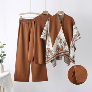Shawl jacket spring and autumn sweater loose wide - leg pants three - piece fashion casual jacket knitted suit - Negative Apparel