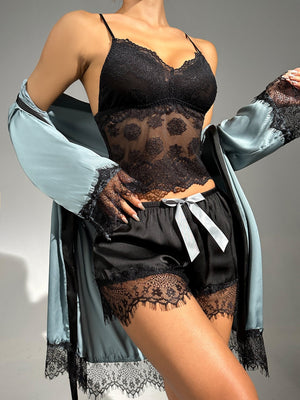 Sheer Lace Cami With Belted Robe & Shorts Night Set - Negative Apparel